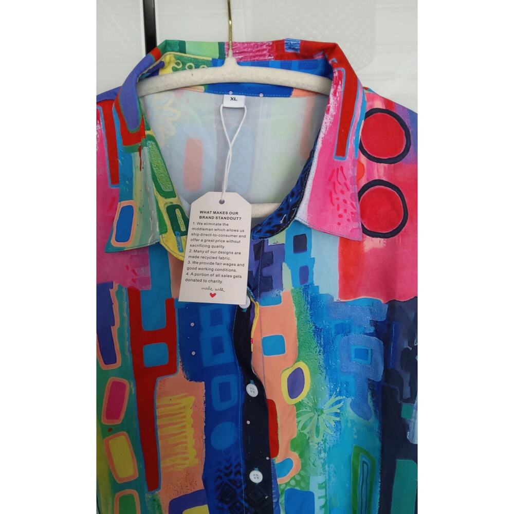 NWT Geometric Dopamine Art to wear blouse size XL Womans ruched sleeve button up - Picture 3 of 6
